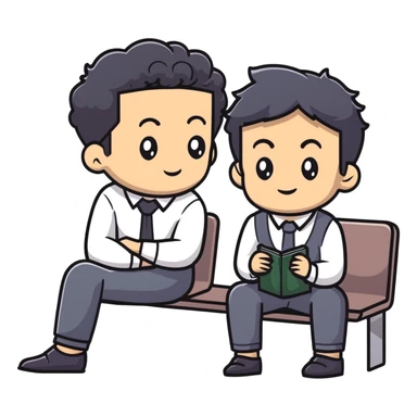 Management educator with black wavy hair, stubble, strong features, white skin, smart casual attire, sitting with a young professional, providing career guidance and mentorship, thoughtful listening expression sticker