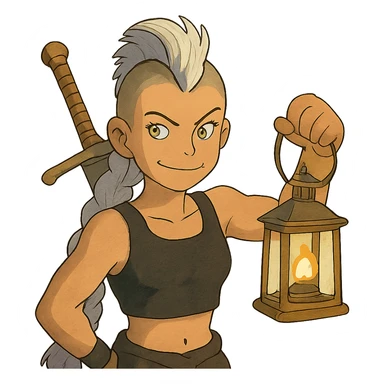 A sword maiden, mohawk, long braid white hair with lavender tips, gold yellow eyes, black crop top, brandishing a lantern. Mischievous smirk sticker