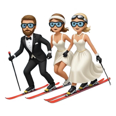 a couple skiing they both have ski helmets and goggles on , man with a beard in a tux and woman in a wedding dress on their skiis going down a slope.  sticker