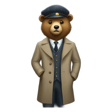 Bear in a trench coat and beret hat and suits at a door sticker
