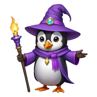 Wizard pinguin with purple magican hat, holding torch sticker