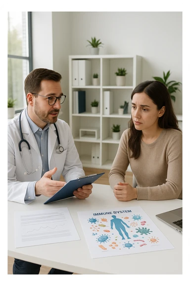 a doctor sits across from a patient in a bright, modern medical office. The doctor holds a clipboard and gently explains the diagnosis, while the patient listens with a concerned but attentive expression. On the desk, there are medical charts and a diagram of the immune system. The mood is empathetic and professional. sticker