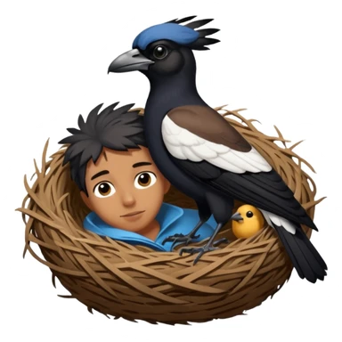 An Australian Magpie, birds nest that is located at the top of a man's head. sticker