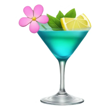 Blue/green cocktail with pink flowers and lemon sticker