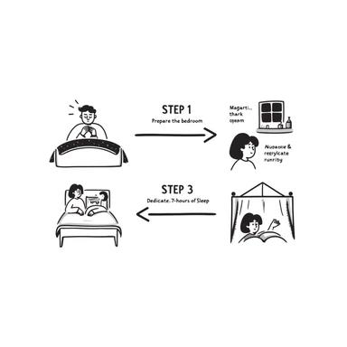 infographic with 3 connected tags by arrows indicating step 1, step 2, and step 3; step 1: prepare the bedroom (dark room, regulated humidity), step 2: take magnesium bisglycinate (before sleeping), step 3: dedicate 7-8 hours of sleep (serene environment); clear, modern, informative style sticker