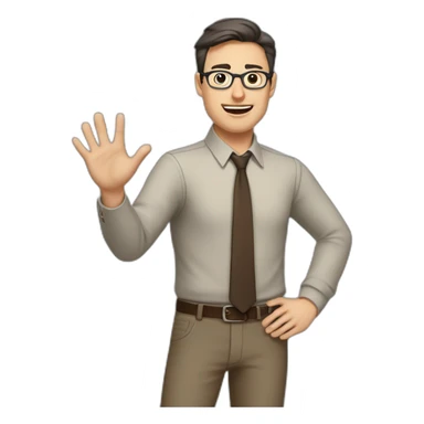 To belt Actively gesturing with hands Pale skinned fit man teacher with dark brown hair in gray jacket, beige office shirt, brown tie, brown pants and vintage glasses. sticker