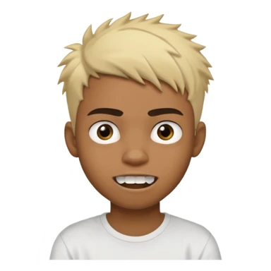 Black Male Teenager with Short punk messy blonde hair, Dark brown bushy eyebrows large expressive golden-brown eyes, wearing a plain white t-shirt, Dark Brown skin color. Fun teeth sticker