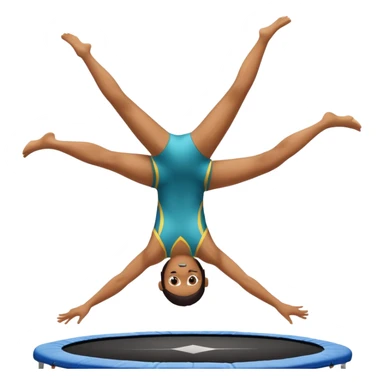 An athletic person soaring high above a trampoline, executing an acrobatic flip with perfect form. The scene captures motion and energy, with a dynamic pose, stretched limbs, and a focused expression. The background suggests a professional trampoline arena with safety padding. sticker