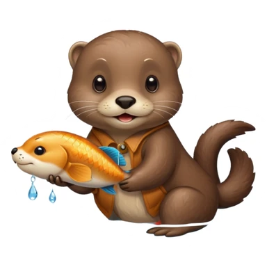 adorable otter floating on water, holding a fish sticker