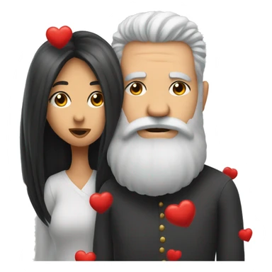 Red hearts are flying and Bald and gray beard man kisses from lips of  long black hair white woman sticker