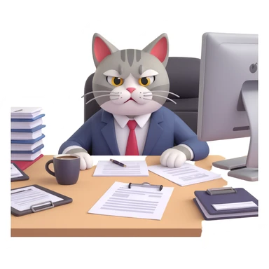 very angry exhausted cat in office attire with furrowed brow glaring eyes slumped at messy desk with paperwork coffee mug computer frustrated after 12 hour workday terrible week about to reply to annoying questions from colleagues sticker