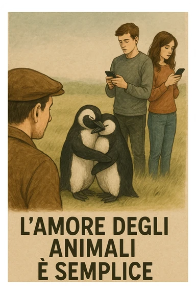 Vertical format: A man watching two penguins hugging. Next to them, a human couple is immersed in their phones and distant from each other. Include Italian text: 'L'amore degli animali è semplice'. sticker