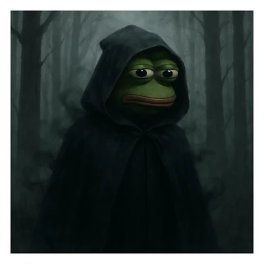 Пэпэ with a dark cloak and a mysterious aura, standing in a foggy forest sticker