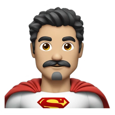 Super hero, black hair, grey temples, thick mustache, red and white superman costume sticker
