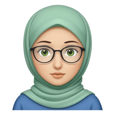 A hijabi girl, with Green eyes and glasses, white Skin with white hijab and a blue Long Shirt sticker