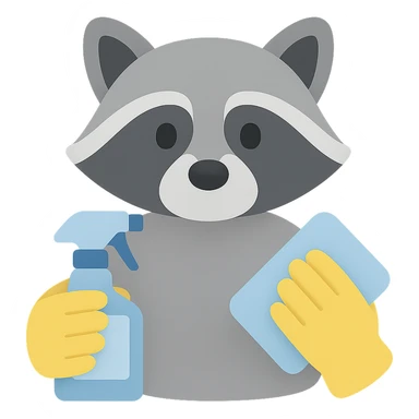 a raccoon with a cleaning spray and cloth, wearing gloves, modern flat color style sticker