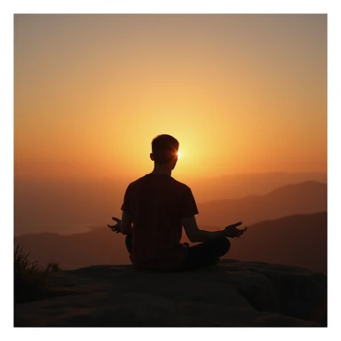 vertical photograph of a man practicing fasting to regenerate the body, man watching the sunset, contemplative atmosphere, realistic style sticker