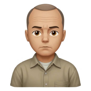 Carl from Sling Blade, serious expression, recognizable features, chin sticking out, slouching posture, no glasses, shirt with collar,  side view,show his entire body, he is standing. three-quarter face angle. He sticks his head forward. not apple style emoji sticker