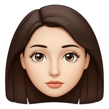 A woman emoji with fair skin, slightly wavy dark brown hair parted in the middle, an oval-shaped face, arched dark eyebrows, almond-shaped brown eyes, a small straight nose, and full lips. sticker