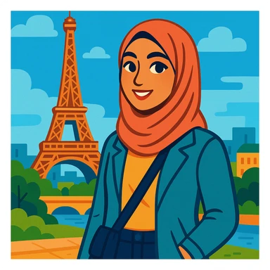 A hijabi woman standing in front of the Eiffel Tower, Paris, wearing a stylish hijab and modern clothes, city background, vibrant and welcoming style. sticker