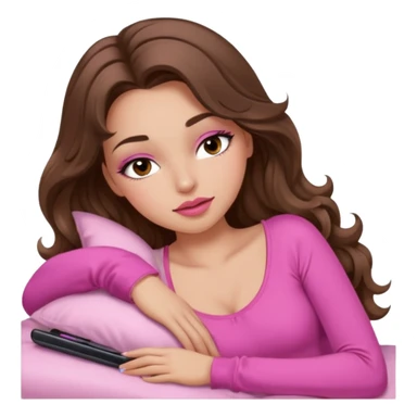 girl with long wavy brown hair, brown eyes, long lashes makeup, sexy pink lips, light to medium complexion, wearing a pink sexy top, sleeping sticker