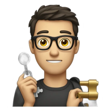 dark-short-haired man with glasses, struggling to fit a key into a lock sticker