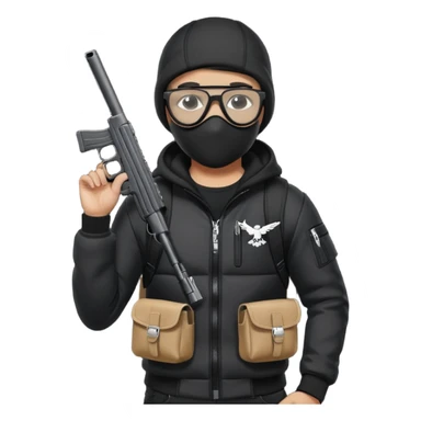 YN wearing a ski mask, holding a gun, all black fit, black jeans, Sprayground bookbag, confident stance with glasses sticker