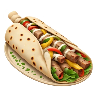Cinematic Realistic Shawarma Dish Emoji, showcasing spiced, succulent meat wrapped in flatbread with fresh vegetables rendered with lifelike detail and dynamic, appetizing lighting. sticker
