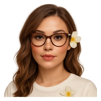 profile picture of a woman with light brown wavy hair, wearing blush and bronzer, cheetah print glasses, a white top with a frangipani flower on it, and long lashes sticker
