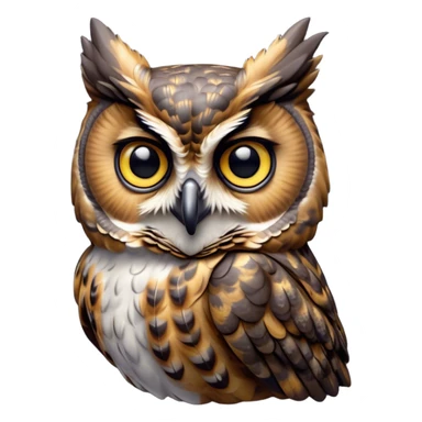 Cinematic Cute Great Horned Owl Portrait Emoji, Head tilted playfully and inquisitively, featuring a lush mottled Fur with intricate patterns of gray and white, round, sparkling golden eyes filled with curious wonder, Simplified yet irresistibly adorable features, highly detailed, glowing with a warm, friendly glow, high shine, affectionate and wise, stylized with a touch of nocturnal whimsy, bright and endearing, soft glowing outline, capturing the essence of a mischievous yet loving owl, so playful it feels like it could glide out of the screen and perch in your arms! sticker