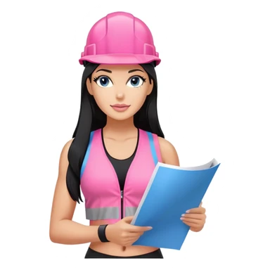 pink construction hat, blue print in hand, long black hair tanned woman, black sports bra, pink vest, sexy sticker