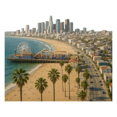 cinematic realistic emoji of Los Angeles, wide city view focusing on the coast with the Santa Monica Pier, Venice Beach, Pacific Park Ferris wheel, and palm trees, lifelike architectural detail, accurate colors, bright daytime lighting, fully transparent background, no sky, no clouds, no city name label sticker