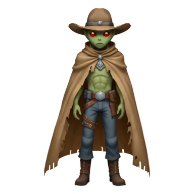 A rugged alien outlaw cowboy with scars and glowing red eyes, torn futuristic poncho, standing in a deserted alien town, dust blowing through empty streets, moody shadows, gritty sci-fi western realism
 sticker