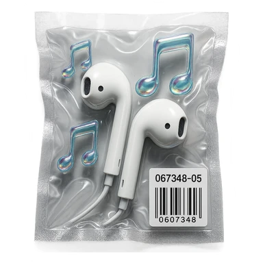 pair of white EarPods with three floating iridescent glass music notes, shiny and puffy, vacuum-sealed style sticker