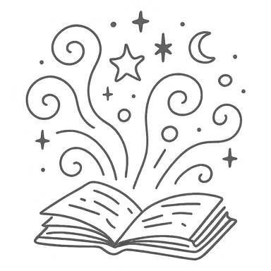 Открытая магическая книга в стиле дудлинг. Из её страниц вылетают завитки магии, звёздочки, луны, искры и таинственные символы. sticker