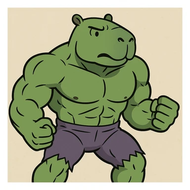 a superhero like the Hulk, but with a capybara face, strong build, green color, cartoon style sticker