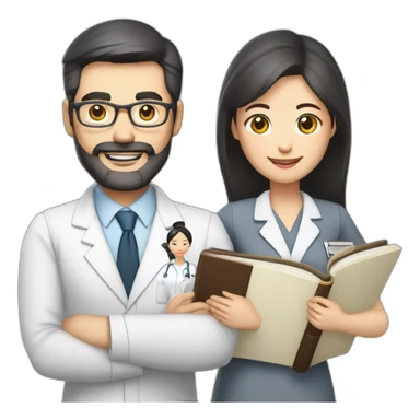 husband classic middle aged executive dark hair thin beard wearing business suit holding bible, with wife asian age 55 dark hair wearing nurse uniform sticker