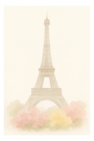 soft watercolor style illustration of the Eiffel Tower with colorful bushes of pink and yellow flowers at the base sticker