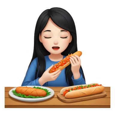 Girl with black long hair eat kimchi close eyes baguette sticker