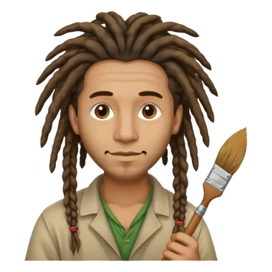 man artist with dreadlock, holding painter sticker