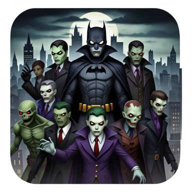 Icon for Thriller Movies: A large, dramatic collage featuring sinister villains and zombies in dark clothing. The background shows the gloomy cityscape of Gotham with dim lighting and eerie shadows. The atmosphere should be tense, mysterious, and suspenseful. Transparent background. sticker