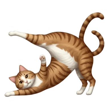 brown tabby and white cat with doing a big extremely long stretch reaching up into the air with arms and legs side by side together straight and overextended whilst lying on its side sticker
