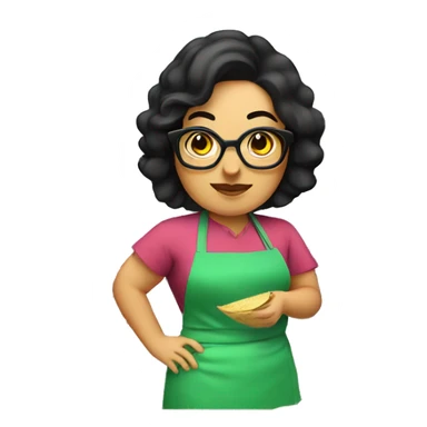 chubby lady with black hair green apron  with glasses cooking tacos sticker
