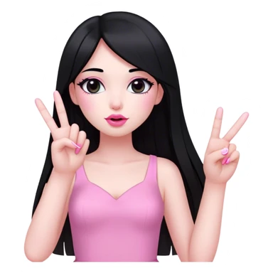 girl, black eyes, long straight black hair, white skin, pretty, with medium lashes, pink lips, little bit blush on her cheek, wearing a pink dress, and pink medium long nails, and gesturing peace fingers on her right hand sticker