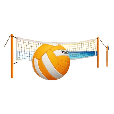 A volleyball resting on the yellow sand on a beach, with the net in the background and a scenic view of the ocean and sky. The scene captures the relaxed yet competitive vibe of beach volleyball, with warm sunlight and the natural beauty of the beach. sticker