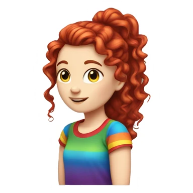 a white girl with long red curly hair in a pony tail with rainbow shirt being cute sticker