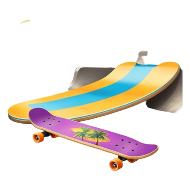 An icon featuring a skateboard resting on a smooth concrete surface. The background shows a sunny skate park with ramps, graffiti walls, and palm trees, creating an urban vibe. The skateboard is designed with vibrant colors and unique graphics. Transparent background  sticker