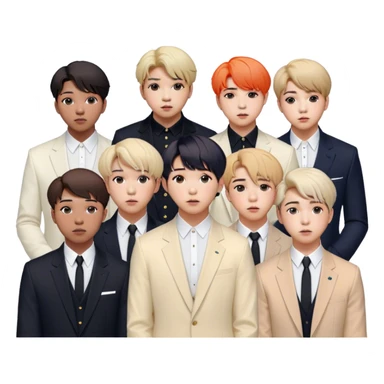 Cinematic Realistic group portrait of BTS featuring all 7 members in stylish modern attire, with detailed facial expressions and vibrant colors, captured in dynamic, contemporary lighting that emphasizes their global pop icon status sticker