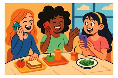 three girls chatting on their phones during lunch break, sitting at a table, animated and expressive, contemporary style, lighthearted mood sticker