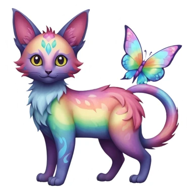 White pastel iridescent rainbow-gradients-color-marked with swirly patterns butterflies  faerie-Noivern-Noibat-Purloin-Torracat-Lykoi-Caracal-cat-Fakemon-fusion-hybrid-creature sticker